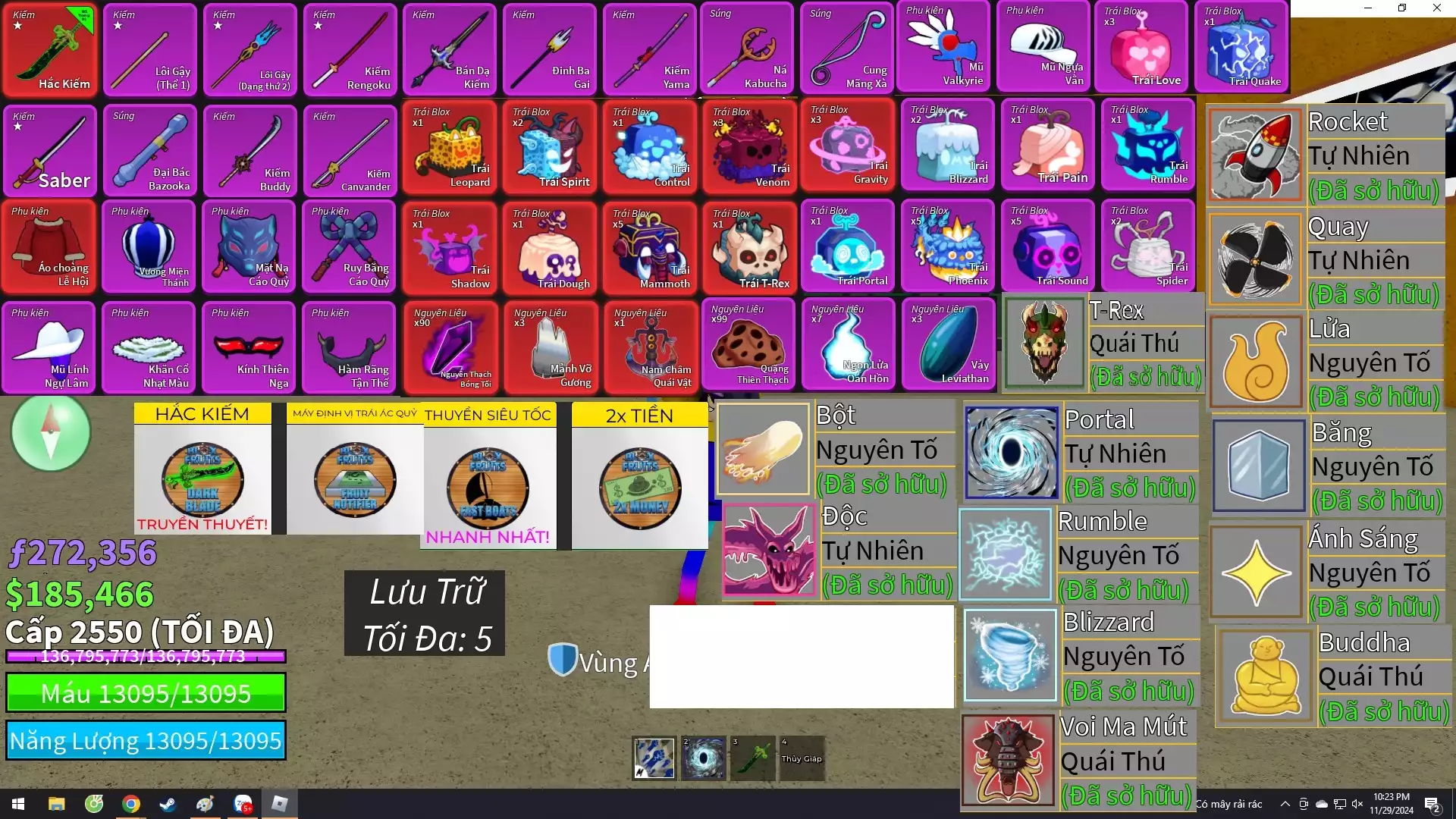 13 Trái Vĩnh Viễn + 4 Game PAss  +5 Slot Trái